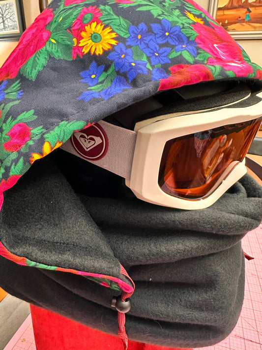 Colorful floral pattern on black balaclava with a hood and neck gaiter